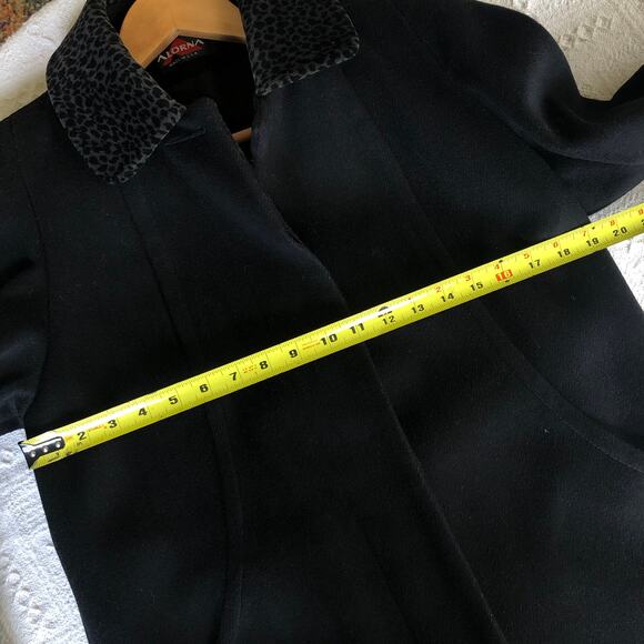 VTG 80s Alorna Forstmann Black Wool Peacoat Medium Cheetah Print Trim Mob Wife - Picture 11 of 12